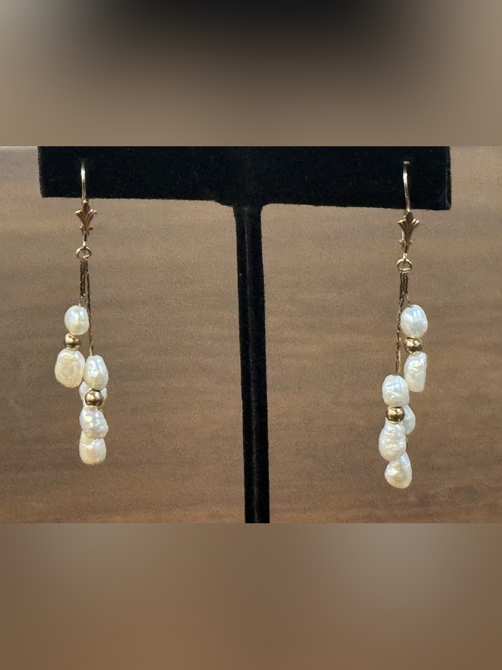Vintage 14k Yellow Gold Rice Pearl 3 Strand Dangle Earrings Freshwater Pierced